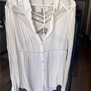 Free People Elegant White Lace Trim Blouse